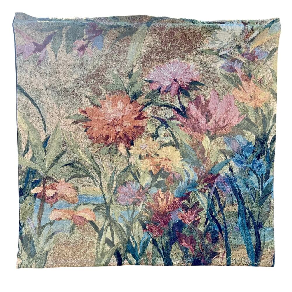 VTG Floral Tapestry Wall Hanging Nature‎ Garden Scene 30x29 USA Cottagecore BOHO